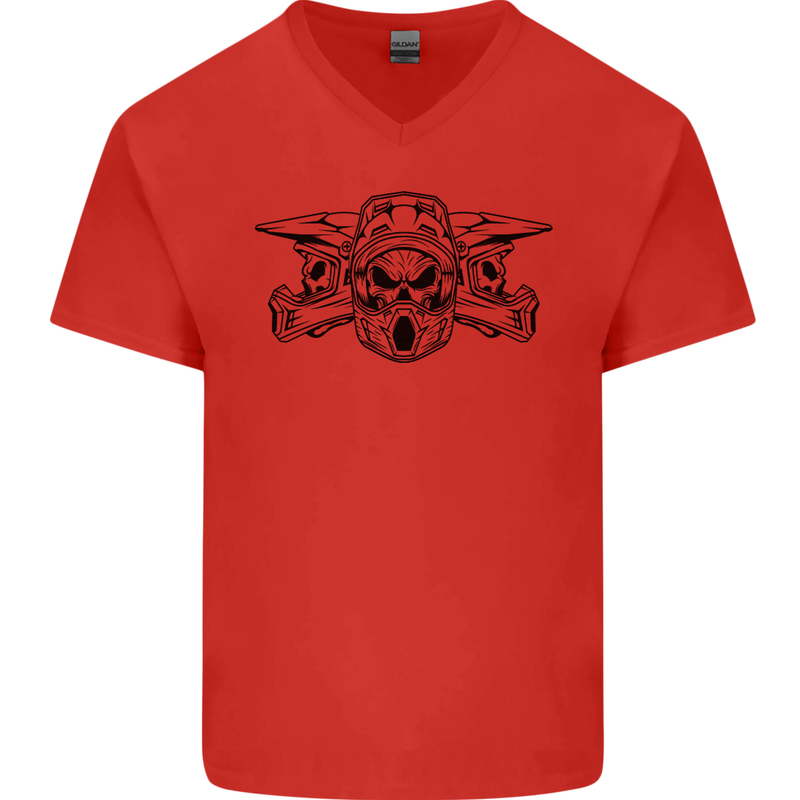 Motocross Skulls Dirt Bike MotoX Motorcycle Mens V-Neck Cotton T-Shirt Red