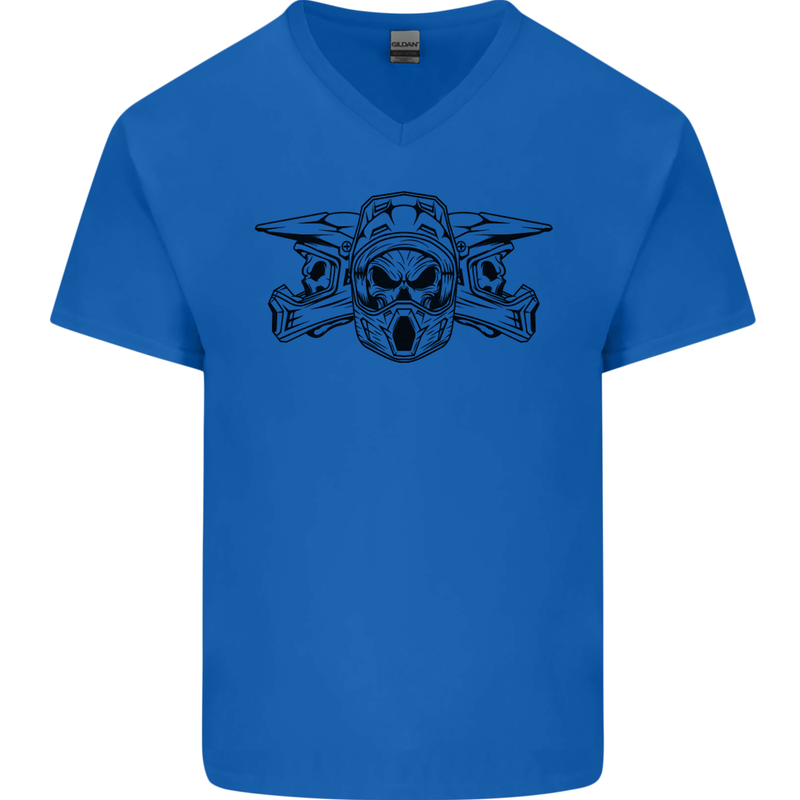 Motocross Skulls Dirt Bike MotoX Motorcycle Mens V-Neck Cotton T-Shirt Royal Blue