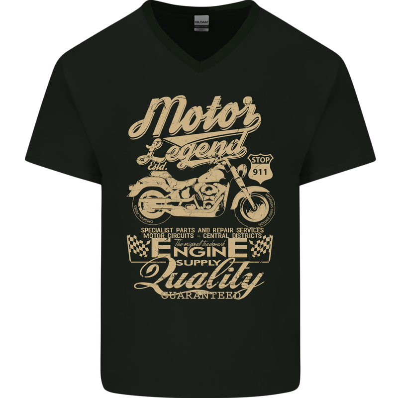 Motor Legend Biker Motorbike Motorcycle Mens V-Neck Cotton T-Shirt Black