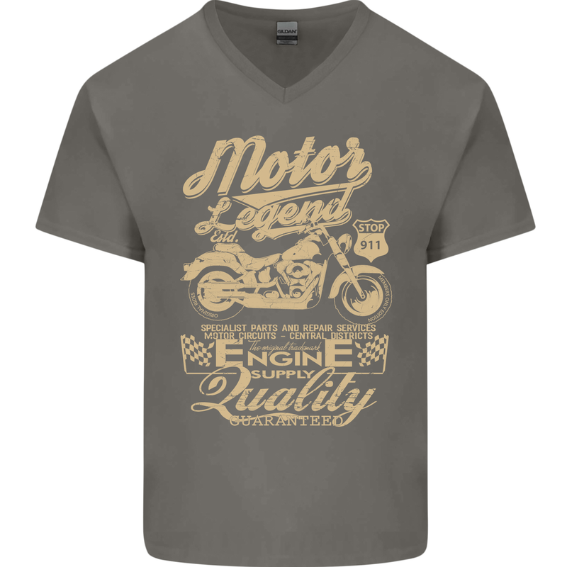 Motor Legend Biker Motorbike Motorcycle Mens V-Neck Cotton T-Shirt Charcoal