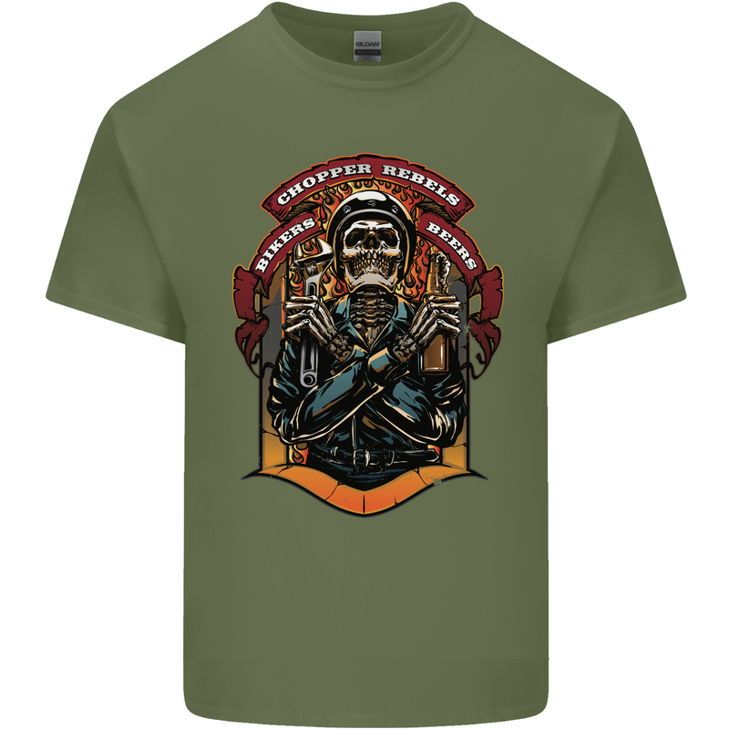 Motorbike Chopper Rebels Bikers Beers Mens Cotton T-Shirt Tee Top Military Green