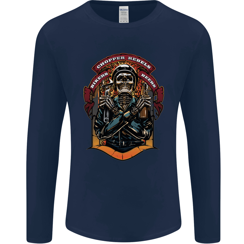 Motorbike Chopper Rebels Bikers Beers Mens Long Sleeve T-Shirt Navy Blue