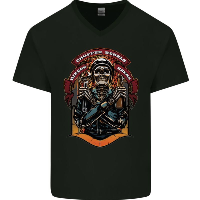 Motorbike Chopper Rebels Bikers Beers Mens V-Neck Cotton T-Shirt Black