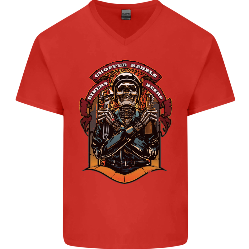 Motorbike Chopper Rebels Bikers Beers Mens V-Neck Cotton T-Shirt Red