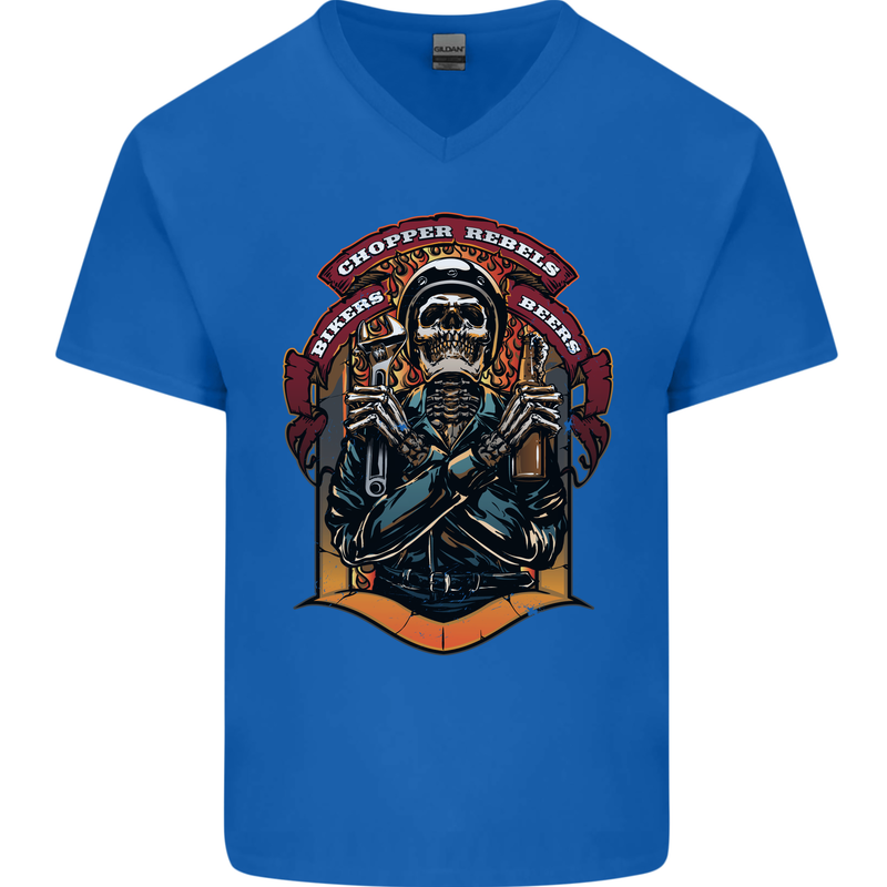 Motorbike Chopper Rebels Bikers Beers Mens V-Neck Cotton T-Shirt Royal Blue