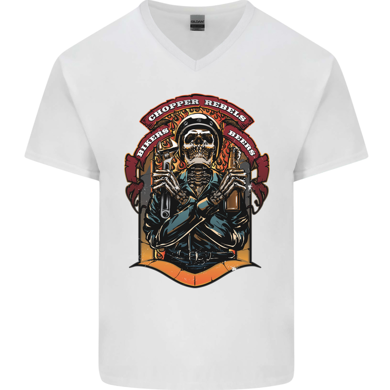 Motorbike Chopper Rebels Bikers Beers Mens V-Neck Cotton T-Shirt White