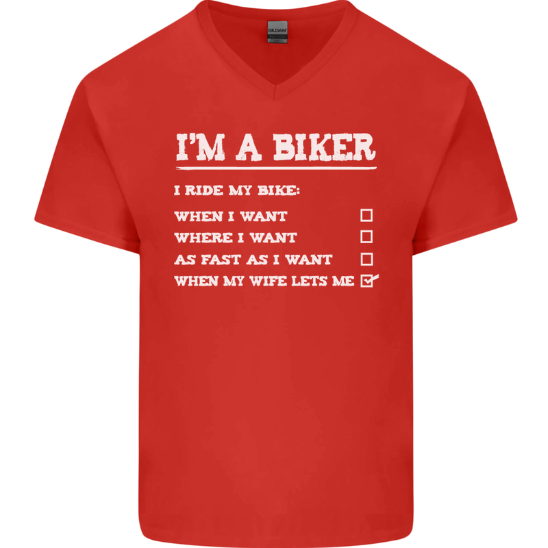 Motorbike I'm a Biker When My Wife Funny Mens V-Neck Cotton T-Shirt Red