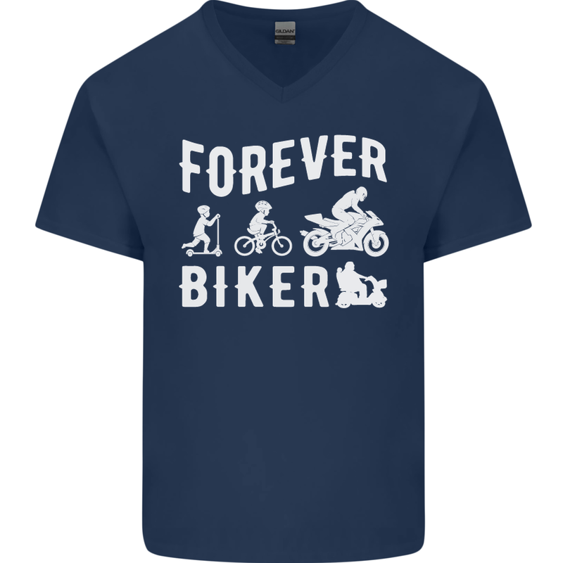 Motorbike Motorcycle Forever Biker Mens V-Neck Cotton T-Shirt Navy Blue