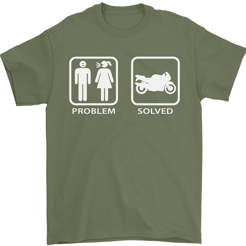Motorbike Problem Solved Biker Motorcycle Mens T-Shirt Cotton Gildan Military Green