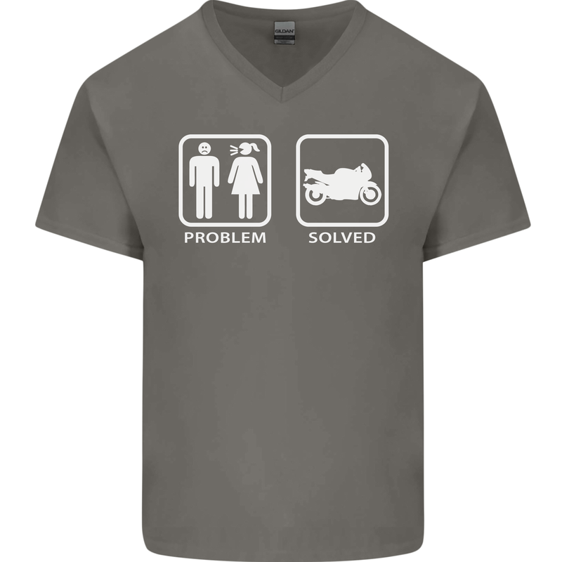 Motorbike Problem Solved Biker Motorcycle Mens V-Neck Cotton T-Shirt Charcoal