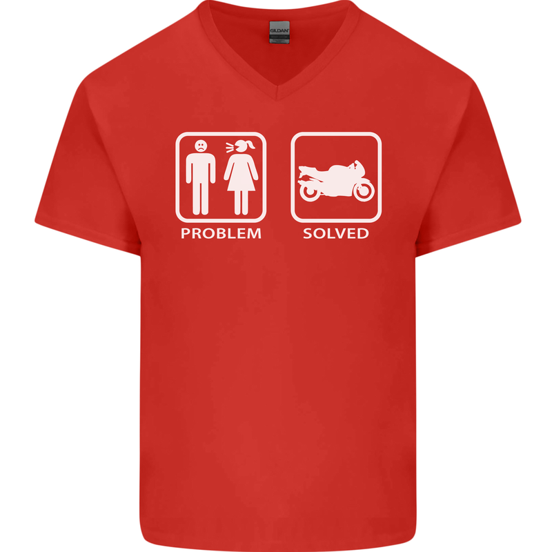 Motorbike Problem Solved Biker Motorcycle Mens V-Neck Cotton T-Shirt Red