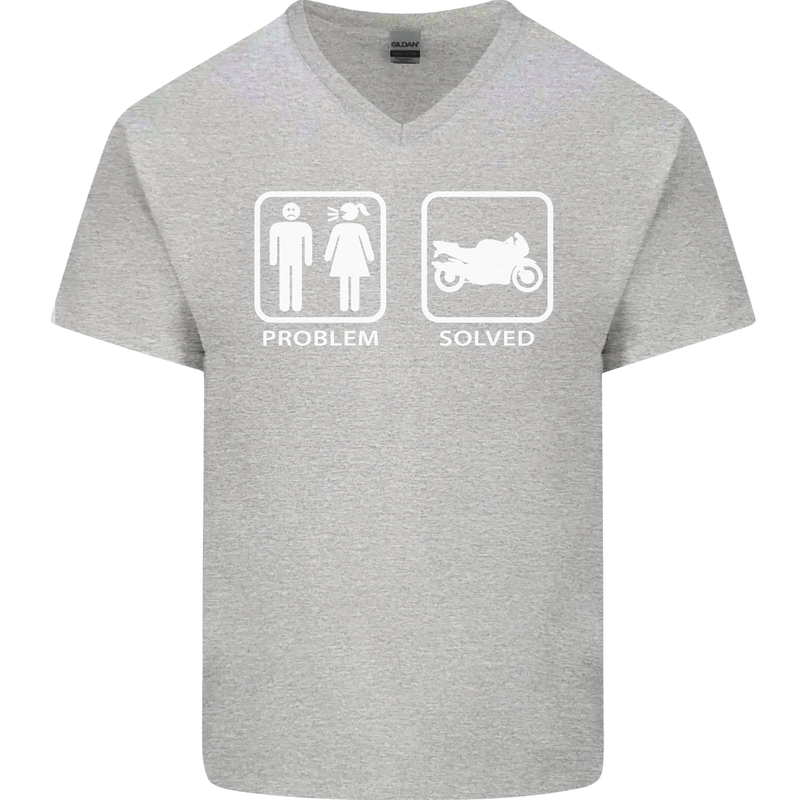 Motorbike Problem Solved Biker Motorcycle Mens V-Neck Cotton T-Shirt Sports Grey