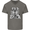 Motorbike Wolf Biker Motorcycle Motorbike Mens V-Neck Cotton T-Shirt Charcoal
