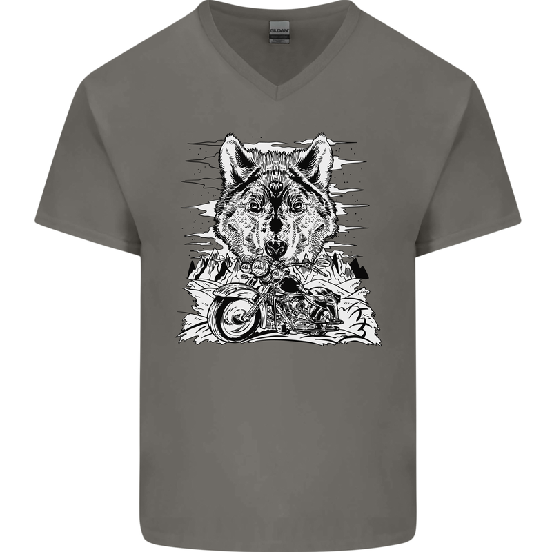 Motorbike Wolf Biker Motorcycle Motorbike Mens V-Neck Cotton T-Shirt Charcoal