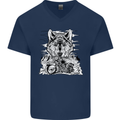 Motorbike Wolf Biker Motorcycle Motorbike Mens V-Neck Cotton T-Shirt Navy Blue