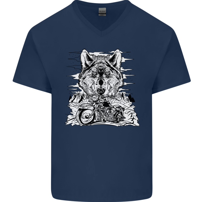 Motorbike Wolf Biker Motorcycle Motorbike Mens V-Neck Cotton T-Shirt Navy Blue