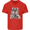 Motorbike Wolf Biker Motorcycle Motorbike Mens V-Neck Cotton T-Shirt Red