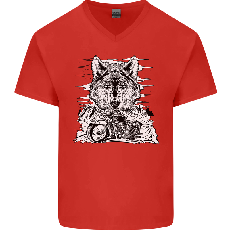 Motorbike Wolf Biker Motorcycle Motorbike Mens V-Neck Cotton T-Shirt Red