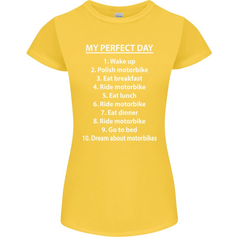 Motorbikes My Perfect Day Biker Motorcycle Womens Petite Cut T-Shirt Yellow