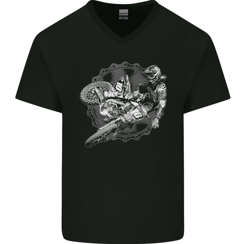 Motorcross Jump Dirt Bike MotoX Motosports Mens V-Neck Cotton T-Shirt Black