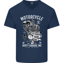 Motorcycle Dirty Garage Motorcycle Biker Mens V-Neck Cotton T-Shirt Navy Blue