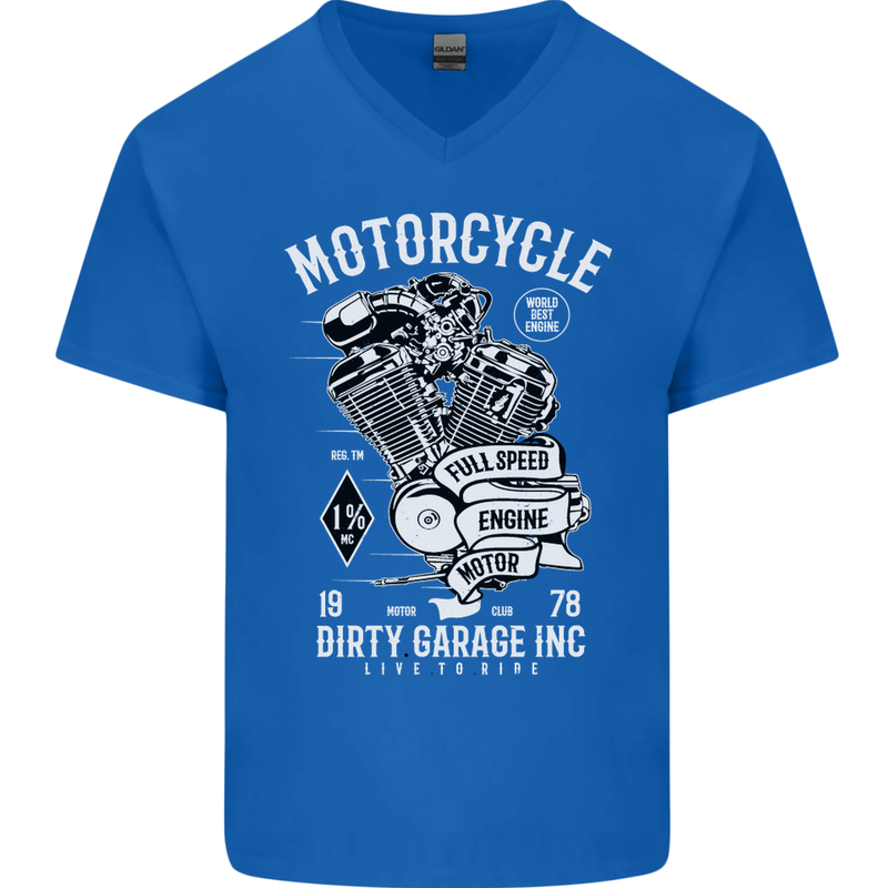 Motorcycle Dirty Garage Motorcycle Biker Mens V-Neck Cotton T-Shirt Royal Blue