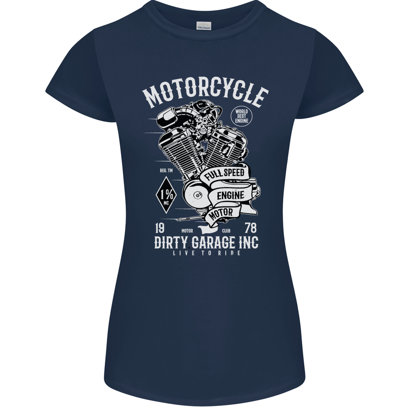 Motorcycle Dirty Garage Motorcycle Biker Womens Petite Cut T-Shirt Navy Blue