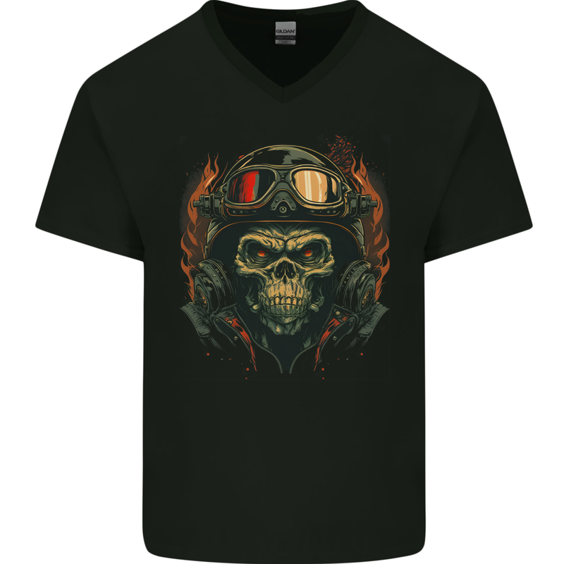 Motorcycle Gorilla Skull Motorbike Biker Mens V-Neck Cotton T-Shirt Black