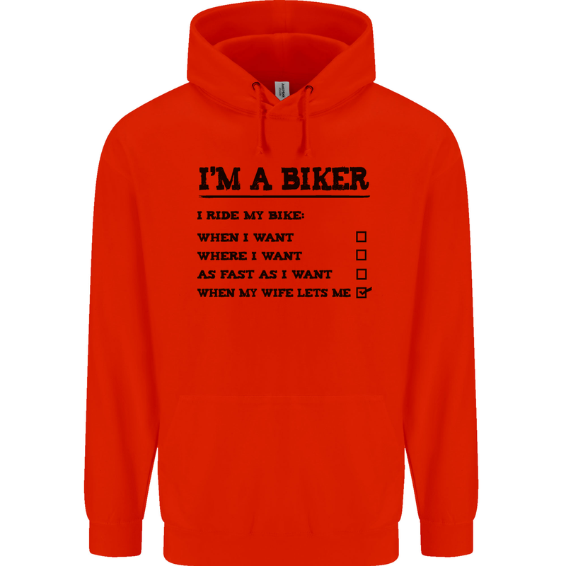 Motorcycle I'm a Biker When My Wife Funny Mens 80% Cotton Hoodie Bright Red