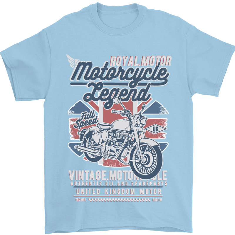 Motorcycle Legend Biker Union Jack British Mens T-Shirt Cotton Gildan Light Blue