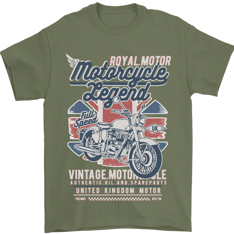 Motorcycle Legend Biker Union Jack British Mens T-Shirt Cotton Gildan Military Green
