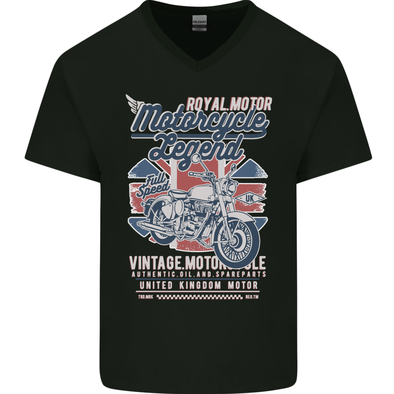 Motorcycle Legend Biker Union Jack British Mens V-Neck Cotton T-Shirt Black