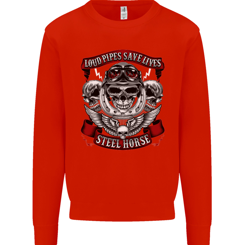 Motorcycle Lound Pipes Saves Lives Biker Kids Sweatshirt Jumper Bright Red