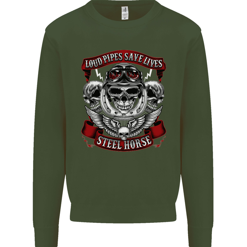 Motorcycle Lound Pipes Saves Lives Biker Kids Sweatshirt Jumper Forest Green