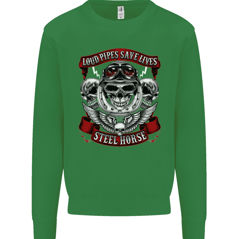 Motorcycle Lound Pipes Saves Lives Biker Kids Sweatshirt Jumper Irish Green