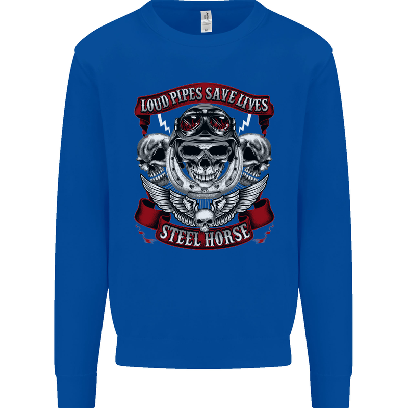 Motorcycle Lound Pipes Saves Lives Biker Kids Sweatshirt Jumper Royal Blue
