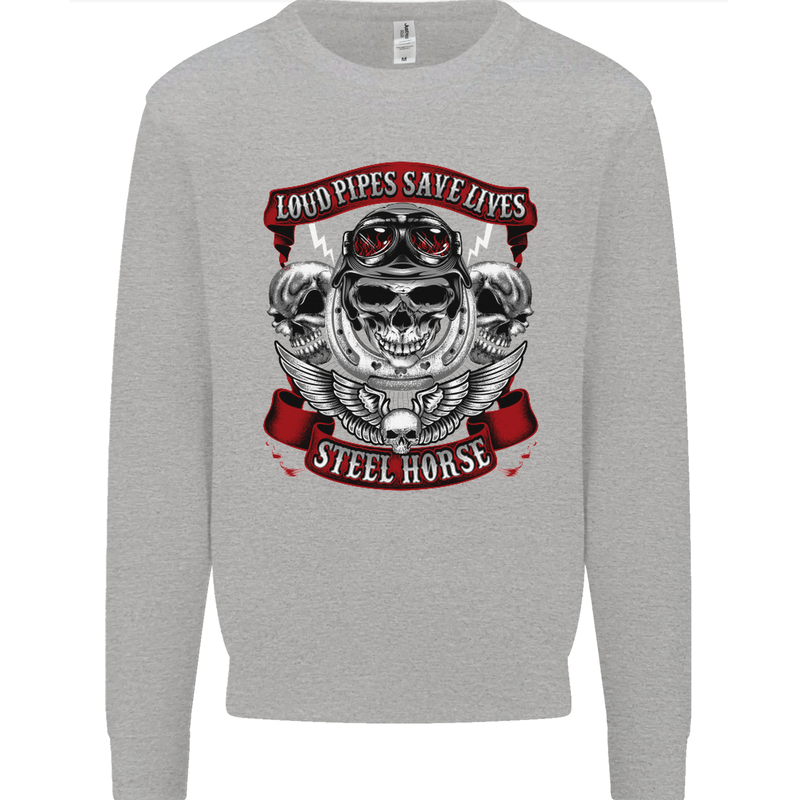 Motorcycle Lound Pipes Saves Lives Biker Kids Sweatshirt Jumper Sports Grey
