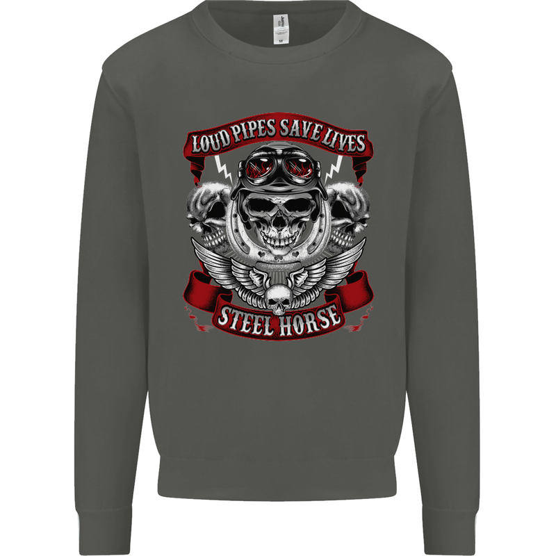 Motorcycle Lound Pipes Saves Lives Biker Kids Sweatshirt Jumper Storm Grey