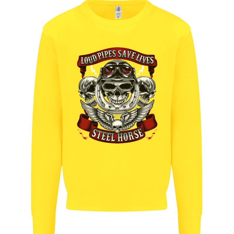 Motorcycle Lound Pipes Saves Lives Biker Kids Sweatshirt Jumper Yellow