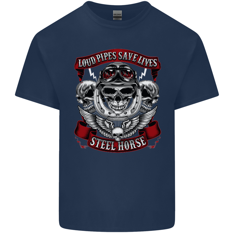 Motorcycle Lound Pipes Saves Lives Biker Kids T-Shirt Childrens Navy Blue