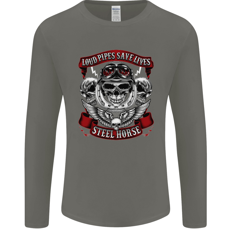 Motorcycle Lound Pipes Saves Lives Biker Mens Long Sleeve T-Shirt Charcoal
