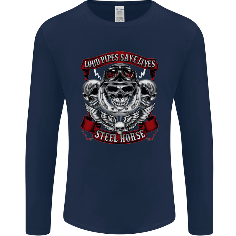 Motorcycle Lound Pipes Saves Lives Biker Mens Long Sleeve T-Shirt Navy Blue