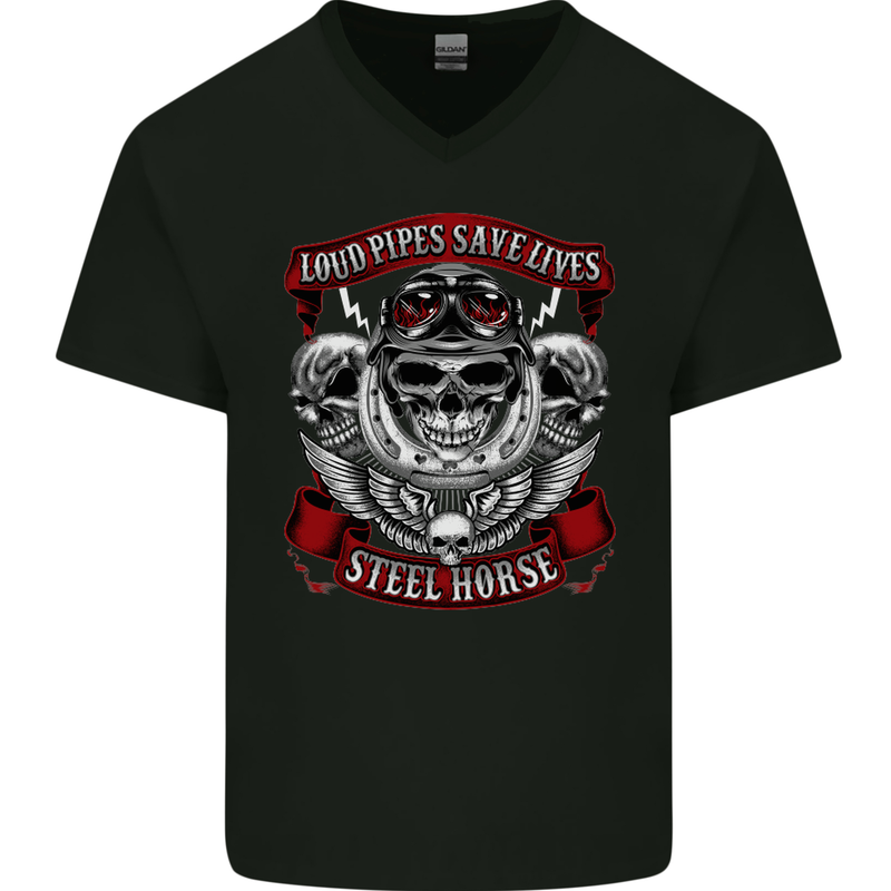Motorcycle Lound Pipes Saves Lives Biker Mens V-Neck Cotton T-Shirt Black