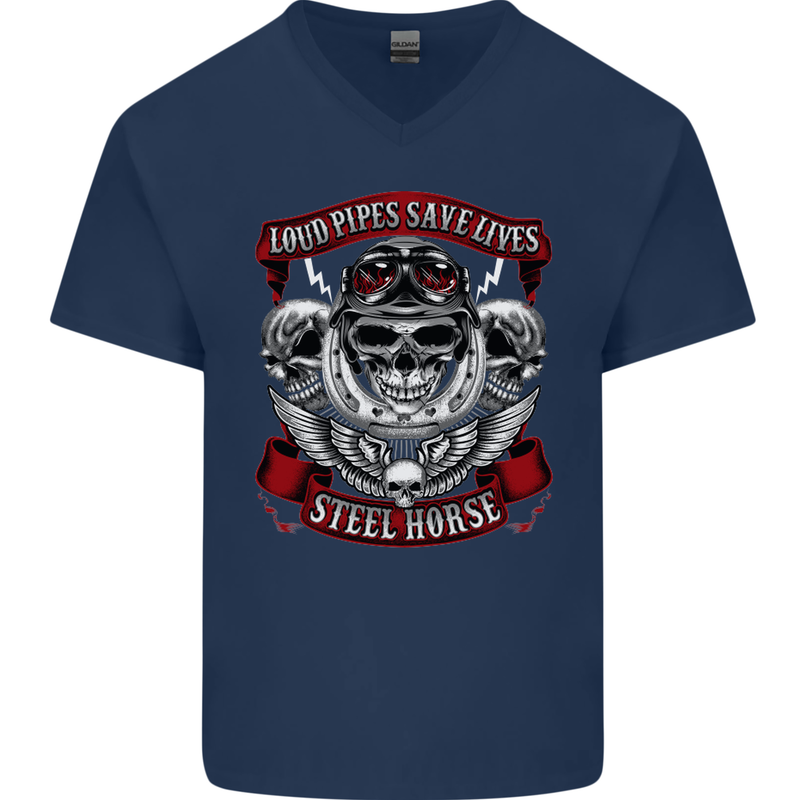 Motorcycle Lound Pipes Saves Lives Biker Mens V-Neck Cotton T-Shirt Navy Blue