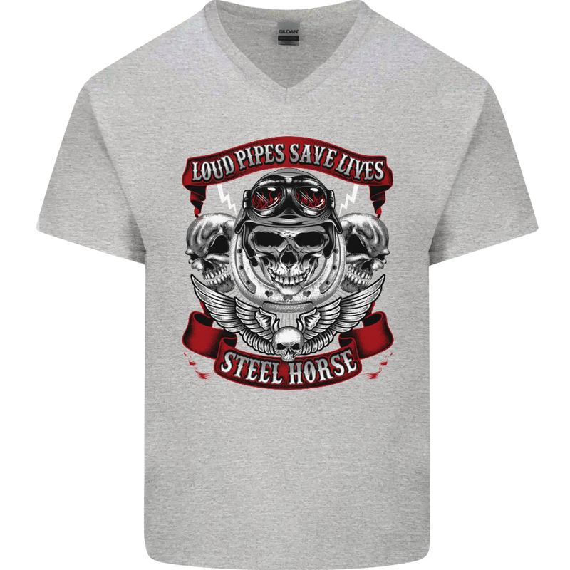 Motorcycle Lound Pipes Saves Lives Biker Mens V-Neck Cotton T-Shirt Sports Grey