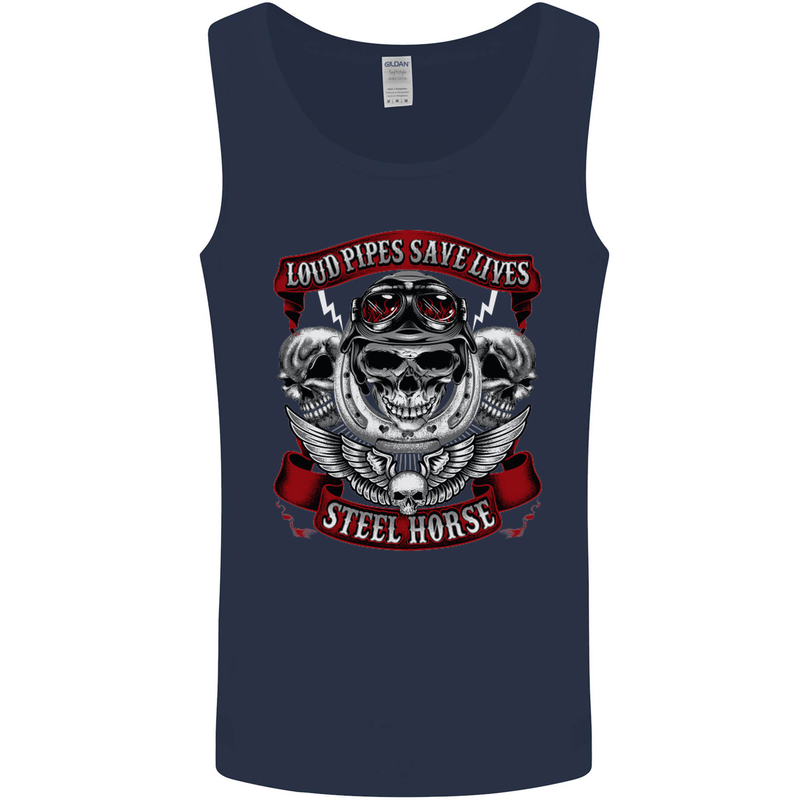 Motorcycle Lound Pipes Saves Lives Biker Mens Vest Tank Top Navy Blue