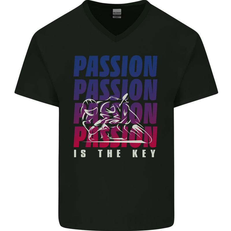 Motorcycle Passion Is the Key Biker Mens V-Neck Cotton T-Shirt Black