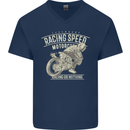 Motorcycle Racing Biker Skull Motorbike Mens V-Neck Cotton T-Shirt Navy Blue