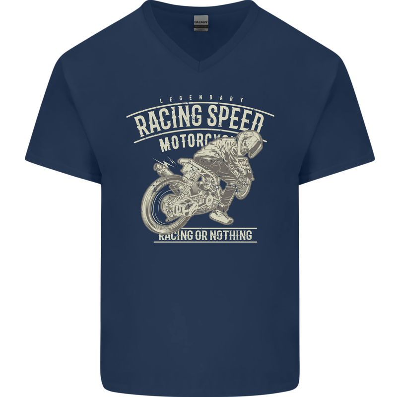 Motorcycle Racing Biker Skull Motorbike Mens V-Neck Cotton T-Shirt Navy Blue