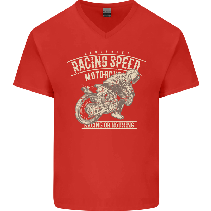 Motorcycle Racing Biker Skull Motorbike Mens V-Neck Cotton T-Shirt Red